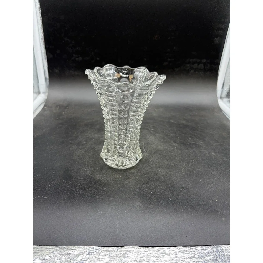 Vintage Clear Hobnail Pressed‎ Glass Vase Ruffled Rim Starburst Base 5 Inch